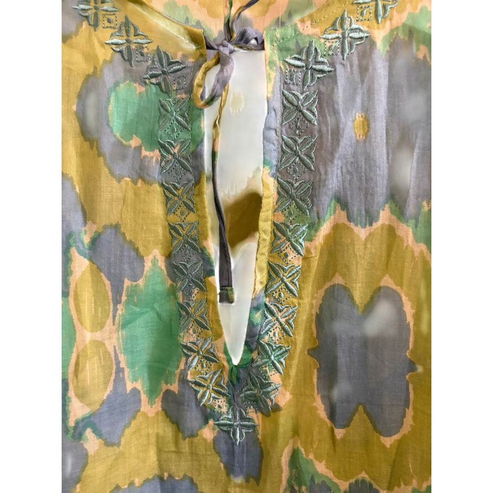 Rockflowerpaper Hillary Lime Beach Tunic‎ XL Blue Green Ikat Cotton Embroidered - Picture 5 of 9